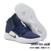 Navy Nike Hyperdunk high-top shoe with white sole and black Swoosh, shown beside its patterned outsole; image text gives style code 8066-8 and size range 40-46.