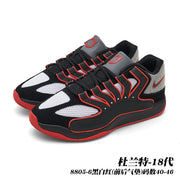 Pair of black basketball sneakers with red trim and gray tongues; image text identifies style 8805-6 and sizes 40-46.