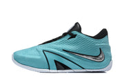 Side profile of a turquoise Nike sneaker with silver-tone logo and white outsole.