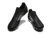 Top and front views of black adidas F50 laceless soccer cleats.