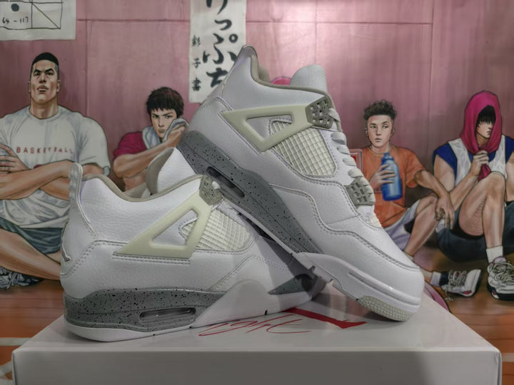 Pair of white and gray high-top sneakers shown at an angle, with speckled gray midsoles and mesh side panels.