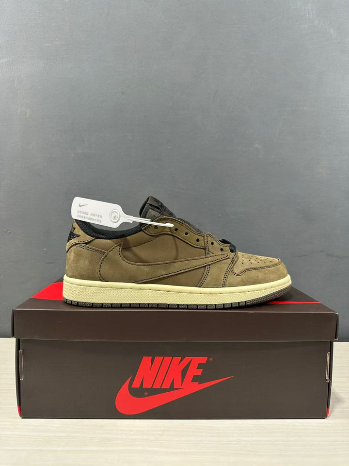 Side view of an olive green low-top sneaker on a Nike shoebox.