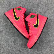 Top-down view of the pair of hot pink mid-top sneakers.