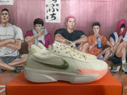 Side view of a light olive Nike basketball sneaker showing the mesh-textured upper, red Swoosh, pale midsole, and pink-toned outsole.