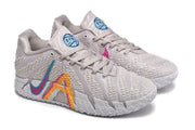 Pair of gray lace-up basketball shoes with multicolor side details