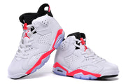Pair of white high-top sneakers shown from a front and side angle with red branding and translucent outsole details.