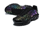 Pair of black Nike Air Max Plus sneakers in angled views, showing multicolor overlays and sculpted soles.