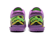 Rear view showing padded purple collars, green interior lining, patterned heel panels, and printed heel details.