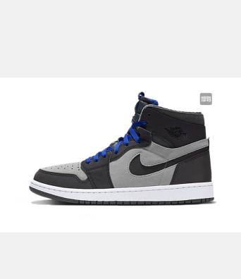 Black and grey Jordan high-top sneaker with blue laces, a contrasting Swoosh and white midsole.