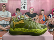 Side view showing the green sneaker upper, yellow accent, and sculpted sole