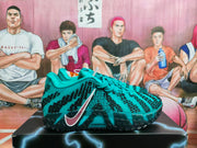 Side view of a teal basketball sneaker with black patterned detailing, a contrasting Nike Swoosh, and visible ZoomX branding.