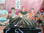 Side view showing the pale pink Nike Swoosh, textured upper, and dark patterned outsole.