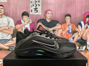 Side view of a black basketball shoe with a silver-tone swoosh and sculpted sole.
