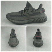 Collage showing side, front, and rear views of the black knit sneakers.
