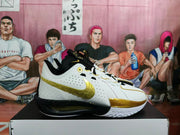 Side view showing the white upper, gold Swoosh, black midsole section, and lace-up design.