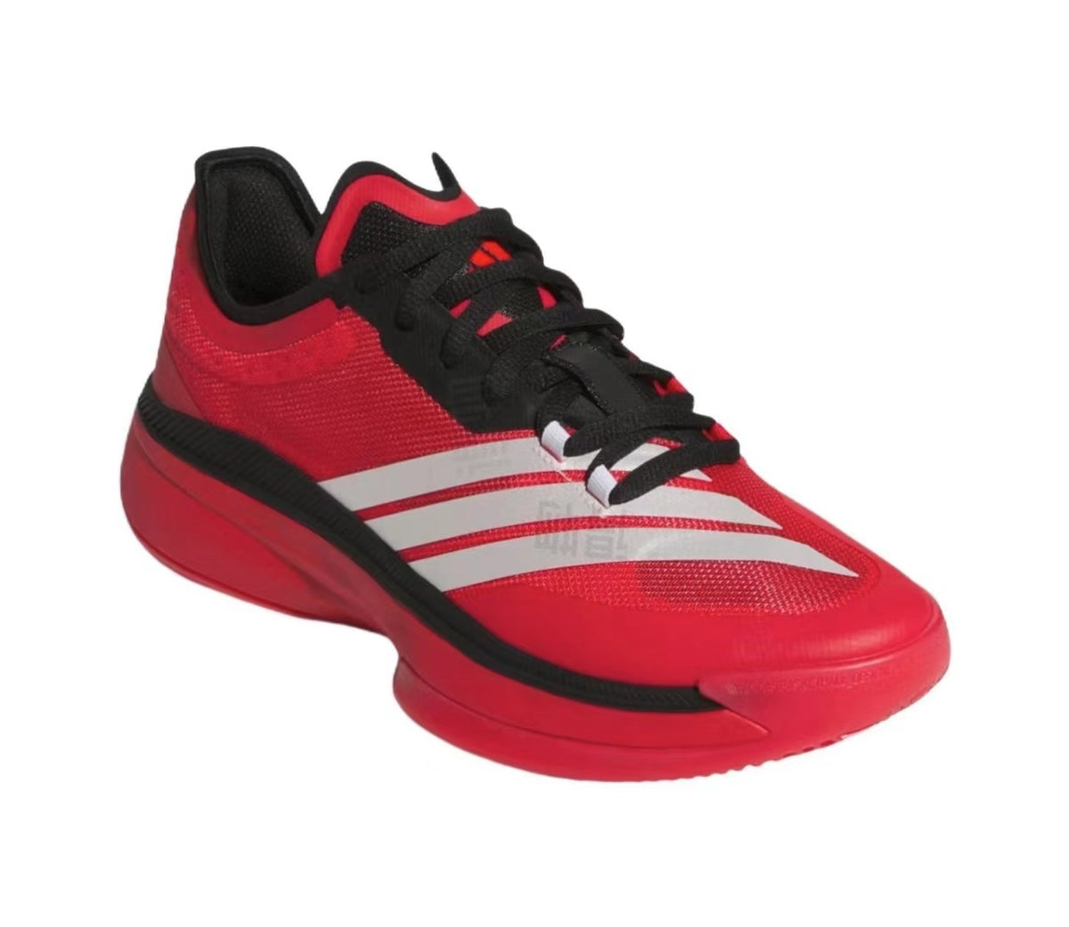 Red and black basketball-style sneaker with white side stripes, black laces, and a red outsole