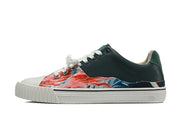 Side profile of a low-top sneaker with dark green panels, multicolor graphic sections, and an off-white sole.