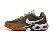 Side view of a brown and olive Nike Air Max Waffle SP sneaker with white Swoosh and sculpted midsole