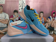 Angled view showing the blue textured upper, black Nike Swoosh, yellow laces, and peach midsole panels.