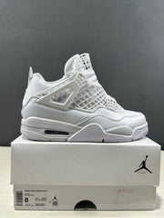 Side view of a white Jordan Air Jordan 4 Net sneaker displayed on its shoebox; the box label shows a photographed women's US 8 sample, UK 7, and 26 cm.