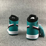 Rear view of the teal high-top sneakers with white midsoles and black collars.
