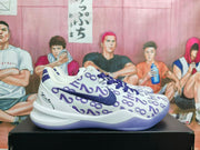 Side view highlighting the purple Nike swoosh, patterned upper, and translucent purple outsole.