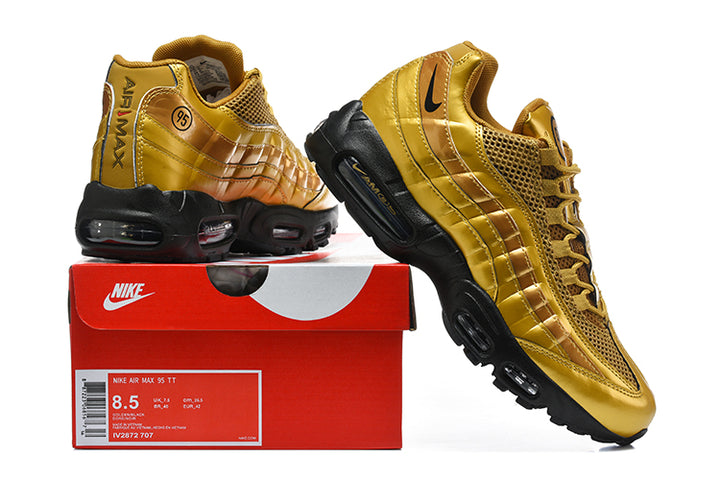 Gold-tone Nike Air Max 95 TT sneakers shown with a box; the box label shows sample size 8.5 and style code IV2872 707.