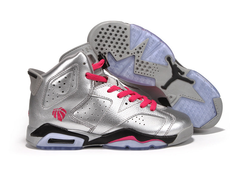 Silver-gray high-top sneakers with pink laces, black midsole details, and one shoe showing the translucent blue outsole.