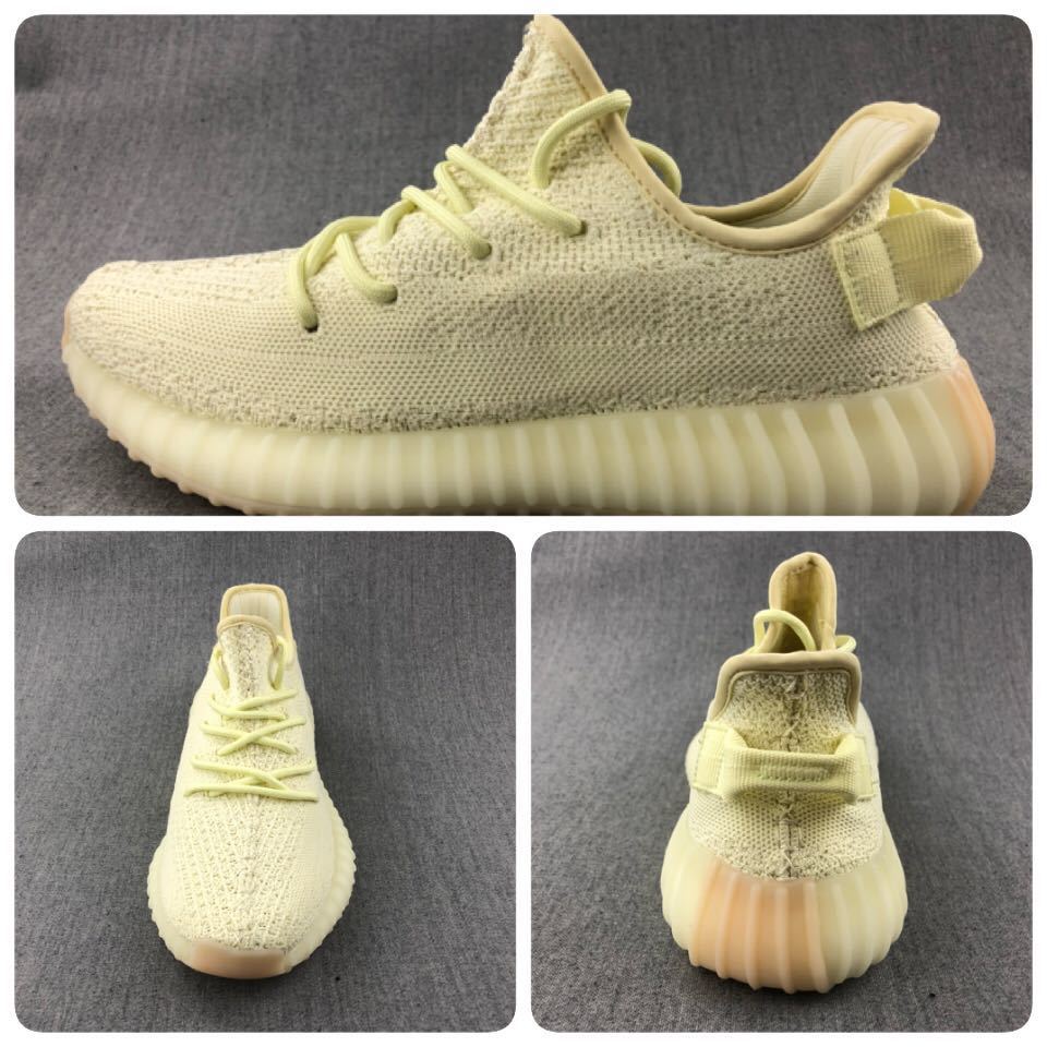 Pale cream 350 V2 sneaker shown from the side, front and heel angles on a gray background.