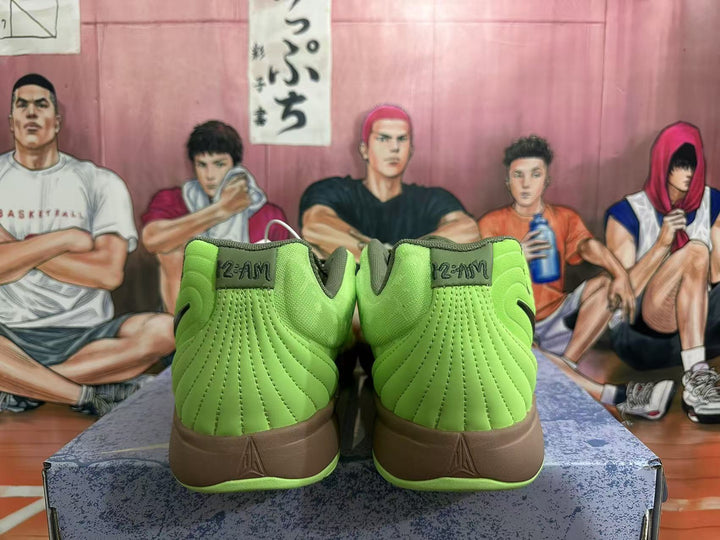 Rear view of green Nike basketball shoes with brown midsoles