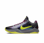 Dark gray and black Kobe 5 basketball shoe with a neon green side swoosh and speckled midsole.