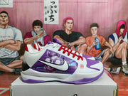 Side view of a white and purple Nike basketball sneaker with red laces, black Swoosh branding, an illustrated purple side panel, and a Zoom-marked outsole.