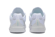 Rear view of white Nike Sabrina 2 shoes showing padded collars and mint heel details.