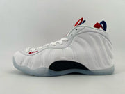 White high-top sneaker with a red swoosh and translucent outsole.