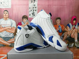 Jordan 14 Retro White and Blue Basketball Sneakers