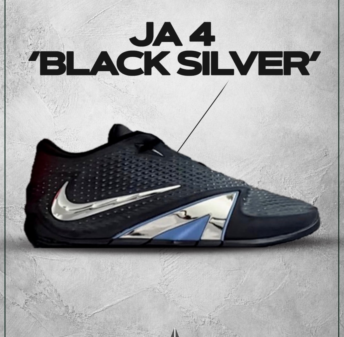 Black and silver Nike JA 4 basketball sneaker with a visible Swoosh and blue-and-silver side detailing