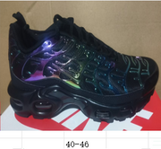 Black iridescent-style Nike Air Max Plus sneaker with a size range captioned 40–46.