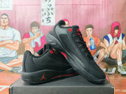 Angled side view showing the black upper, red accents, textured side panel, and Jordan branding.