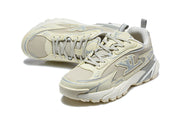 Pair of beige and grey Louis Vuitton sneakers shown from above and at a front three-quarter angle.