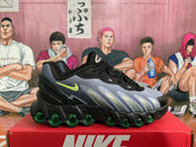 Side profile of a Nike Air Max sneaker showing layered haze blue panels, bright green Swoosh and green outsole cushioning units.