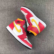 Top-down view of the pair highlighting the red, white and yellow color blocking.