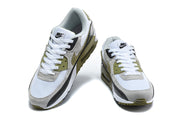 Front and top view of the Nike Air Max 90 QS pair with white laces and olive details.
