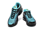 Pair of black and bright blue Nike Air Max Plus III sneakers shown from above and the front.