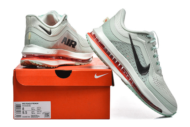 Nike Pegasus Premium shoes in mint and silver shown with their box; the box label displays size 8 and model name.