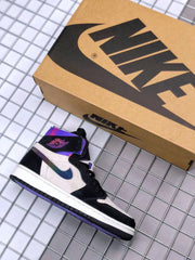 Jordan sneaker shown beside a branded shoebox, displaying the black, white and purple color scheme.
