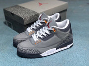 Pair of grey Air Jordan 3 sneakers with white laces and elephant-print toe and heel panels