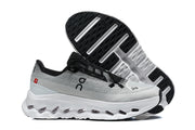 On Cloudmonster 3 shoe and black-and-white outsole view