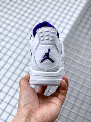 Rear view of the white sneaker showing the purple heel logo and padded collar.