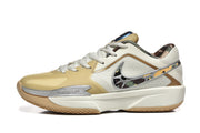 Side profile of one sneaker showing the metallic camouflage Swoosh, white midsole, khaki toe area, and gum outsole.