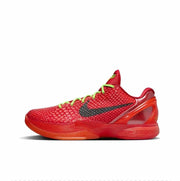 Red Kobe 6 sneaker with a black Swoosh, bright green laces, and translucent red outsole.